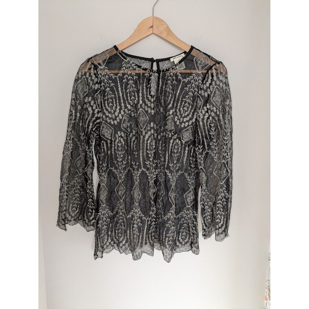 Sheer Black Women's SZ M Gold Metallic Embroidery Top Blouse Whimsy Fairy Goth